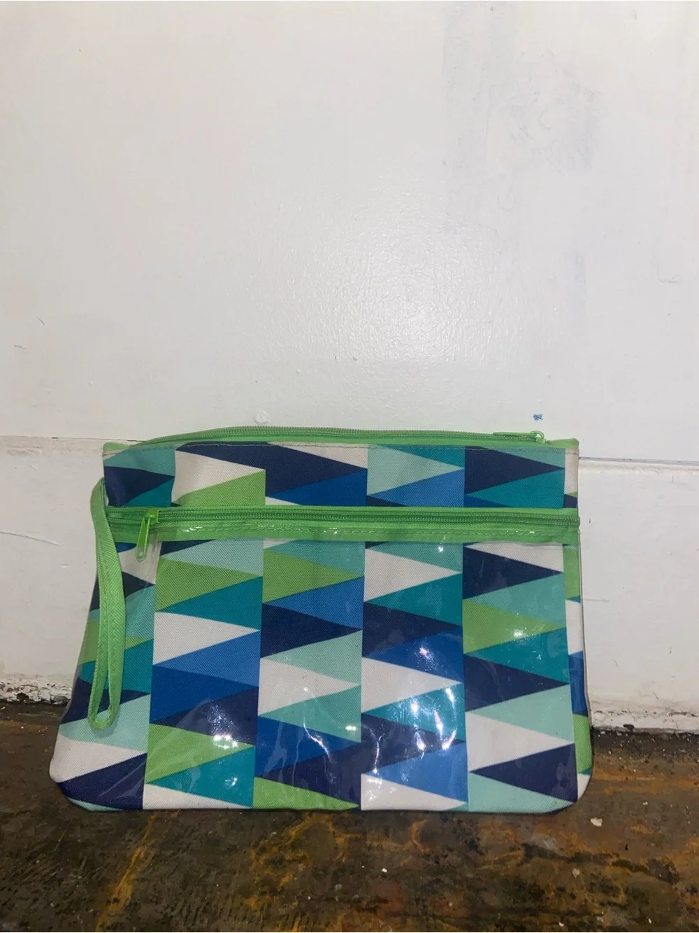 Y2K Kidcore Art Teacher Geometric‎ Triangle Print Cosmetic Pouch in Blue & Green